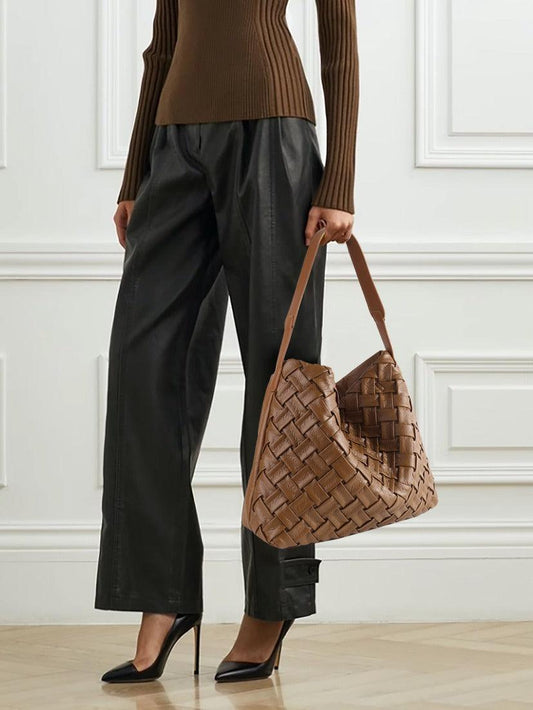 Handmade Soft Vegan Leather Woven Tote Bag for Women, Large Minimalist Commuter Shoulder Bag with Inner Pouch