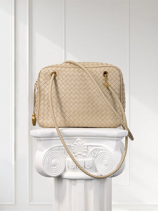 Handmade Woven Lambskin Leather Shoulder Bag, Luxury Box Purse, Vintage Bowling Style Women’s Commuter Handbag