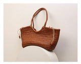 Handmade Woven Leather Tote Bag, Full Grain Leather Hand Woven Triple Jump Bamboo Ladies HoBo Bag, Curve Opening Summer Holiday Basket Bag