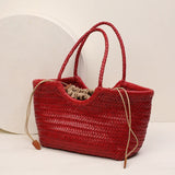 Handmade Woven Leather Tote Bag, Full Grain Leather Hand Woven Triple Jump Bamboo Ladies HoBo Bag, Curve Opening Summer Holiday Basket Bag