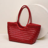 Handmade Woven Leather Tote Bag, Full Grain Leather Hand Woven Triple Jump Bamboo Ladies HoBo Bag, Curve Opening Summer Holiday Basket Bag