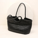 Handmade Woven Leather Tote Bag, Full Grain Leather Hand Woven Triple Jump Bamboo Ladies HoBo Bag, Curve Opening Summer Holiday Basket Bag