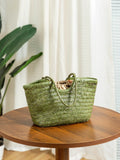 Handmade Green Woven Leather Tote Bag, Full Grain Leather Hand Woven Triple Jump Bamboo Ladies HoBo Bag, Curve Opening Summer Holiday Basket Bag