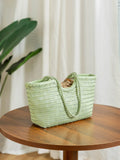 Handmade Green Woven Leather Tote Bag, Full Grain Leather Hand Woven Triple Jump Bamboo Ladies HoBo Bag, Curve Opening Summer Holiday Basket Bag