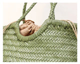 Handmade Green Woven Leather Tote Bag, Full Grain Leather Hand Woven Triple Jump Bamboo Ladies HoBo Bag, Curve Opening Summer Holiday Basket Bag