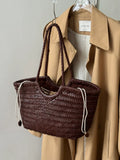 Handmade Woven Leather Tote Bag, Full Grain Leather Hand Woven Triple Jump Bamboo Ladies HoBo Bag, Curve Opening Summer Holiday Basket Bag