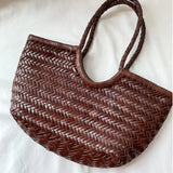 Handmade Woven Leather Tote Bag, Full Grain Leather Hand Woven Triple Jump Bamboo Ladies HoBo Bag, Curve Opening Summer Holiday Basket Bag