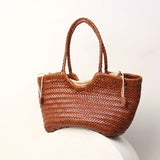 Handmade Woven Leather Tote Bag, Full Grain Leather Hand Woven Triple Jump Bamboo Ladies HoBo Bag, Curve Opening Summer Holiday Basket Bag