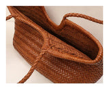 Handmade Woven Leather Tote Bag, Full Grain Leather Hand Woven Triple Jump Bamboo Ladies HoBo Bag, Curve Opening Summer Holiday Basket Bag