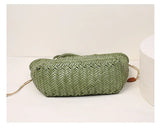 Handmade Green Woven Leather Tote Bag, Full Grain Leather Hand Woven Triple Jump Bamboo Ladies HoBo Bag, Curve Opening Summer Holiday Basket Bag