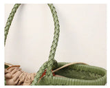 Handmade Green Woven Leather Tote Bag, Full Grain Leather Hand Woven Triple Jump Bamboo Ladies HoBo Bag, Curve Opening Summer Holiday Basket Bag