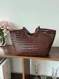 Handmade Woven Leather Tote Bag, Full Grain Leather Hand Woven Triple Jump Bamboo Ladies HoBo Bag, Curve Opening Summer Holiday Basket Bag