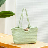 Handmade Green Woven Leather Tote Bag, Full Grain Leather Hand Woven Triple Jump Bamboo Ladies HoBo Bag, Curve Opening Summer Holiday Basket Bag