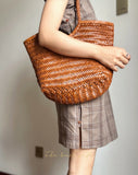 Handmade Woven Leather Tote Bag, Full Grain Leather Hand Woven Triple Jump Bamboo Ladies HoBo Bag, Curve Opening Summer Holiday Basket Bag