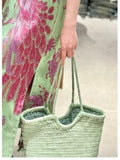 Handmade Green Woven Leather Tote Bag, Full Grain Leather Hand Woven Triple Jump Bamboo Ladies HoBo Bag, Curve Opening Summer Holiday Basket Bag