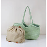 Handmade Green Woven Leather Tote Bag, Full Grain Leather Hand Woven Triple Jump Bamboo Ladies HoBo Bag, Curve Opening Summer Holiday Basket Bag