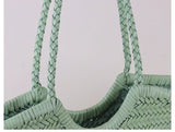 Handmade Green Woven Leather Tote Bag, Full Grain Leather Hand Woven Triple Jump Bamboo Ladies HoBo Bag, Curve Opening Summer Holiday Basket Bag