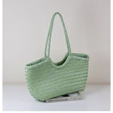 Handmade Green Woven Leather Tote Bag, Full Grain Leather Hand Woven Triple Jump Bamboo Ladies HoBo Bag, Curve Opening Summer Holiday Basket Bag