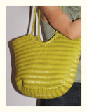 Handmade Green Woven Leather Tote Bag, Full Grain Leather Hand Woven Triple Jump Bamboo Ladies HoBo Bag, Curve Opening Summer Holiday Basket Bag