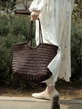 Handmade Woven Leather Tote Bag, Full Grain Leather Hand Woven Triple Jump Bamboo Ladies HoBo Bag, Curve Opening Summer Holiday Basket Bag