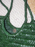 Handmade Green Woven Leather Tote Bag, Full Grain Leather Hand Woven Triple Jump Bamboo Ladies HoBo Bag, Curve Opening Summer Holiday Basket Bag