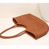 Handmade Woven Leather Tote Bag, Full Grain Leather Hand Woven Triple Jump Bamboo Ladies HoBo Bag, Curve Opening Summer Holiday Basket Bag