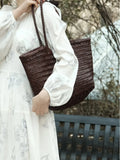 Handmade Woven Leather Tote Bag, Full Grain Leather Hand Woven Triple Jump Bamboo Ladies HoBo Bag, Curve Opening Summer Holiday Basket Bag