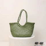 Handmade Green Woven Leather Tote Bag, Full Grain Leather Hand Woven Triple Jump Bamboo Ladies HoBo Bag, Curve Opening Summer Holiday Basket Bag