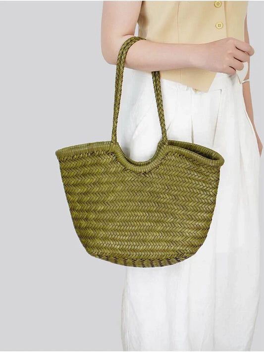 Handmade Green Woven Leather Tote Bag, Full Grain Leather Hand Woven Triple Jump Bamboo Ladies HoBo Bag, Curve Opening Summer Holiday Basket Bag