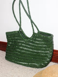 Handmade Green Woven Leather Tote Bag, Full Grain Leather Hand Woven Triple Jump Bamboo Ladies HoBo Bag, Curve Opening Summer Holiday Basket Bag