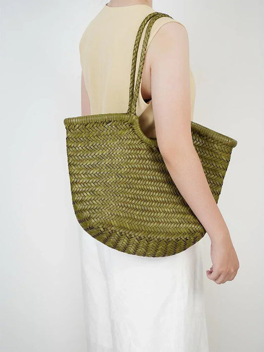 Handmade Green Woven Leather Tote Bag, Full Grain Leather Hand Woven Triple Jump Bamboo Ladies HoBo Bag, Curve Opening Summer Holiday Basket Bag