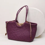 Handmade Woven Leather Tote Bag, Full Grain Leather Hand Woven Triple Jump Bamboo Ladies HoBo Bag, Curve Opening Summer Holiday Basket Bag