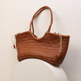 Handmade Woven Leather Tote Bag, Full Grain Leather Hand Woven Triple Jump Bamboo Ladies HoBo Bag, Curve Opening Summer Holiday Basket Bag