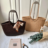 Handmade Woven Leather Tote Bag, Full Grain Leather Hand Woven Triple Jump Bamboo Ladies HoBo Bag, Curve Opening Summer Holiday Basket Bag