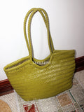 Handmade Green Woven Leather Tote Bag, Full Grain Leather Hand Woven Triple Jump Bamboo Ladies HoBo Bag, Curve Opening Summer Holiday Basket Bag