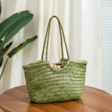 Handmade Green Woven Leather Tote Bag, Full Grain Leather Hand Woven Triple Jump Bamboo Ladies HoBo Bag, Curve Opening Summer Holiday Basket Bag