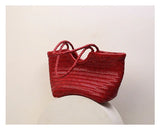 Handmade Woven Leather Tote Bag, Full Grain Leather Hand Woven Triple Jump Bamboo Ladies HoBo Bag, Curve Opening Summer Holiday Basket Bag
