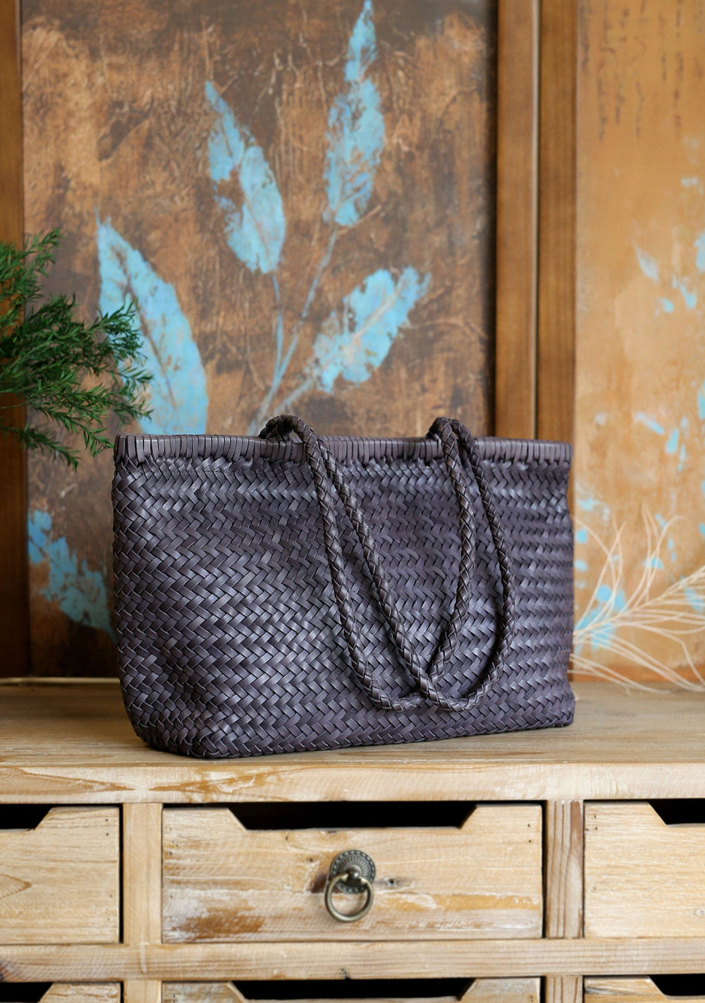Handwoven Basket Tote Bag | Vegetable-Tanned Italian Cowhide Hand-Carry Bag | Minimalist Summer Commuter Style
