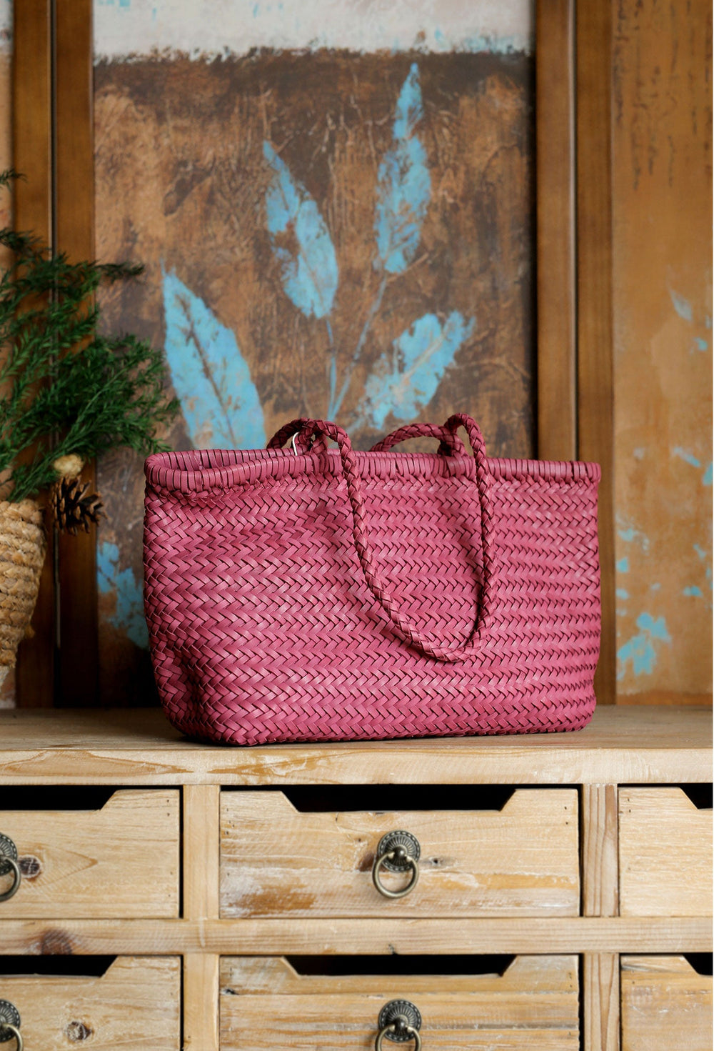 Handwoven Basket Tote Bag | Vegetable-Tanned Italian Cowhide Hand-Carry Bag | Minimalist Summer Commuter Style