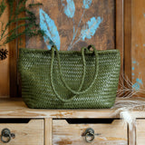 Handwoven Basket Tote Bag | Vegetable-Tanned Italian Cowhide Hand-Carry Bag | Minimalist Summer Commuter Style
