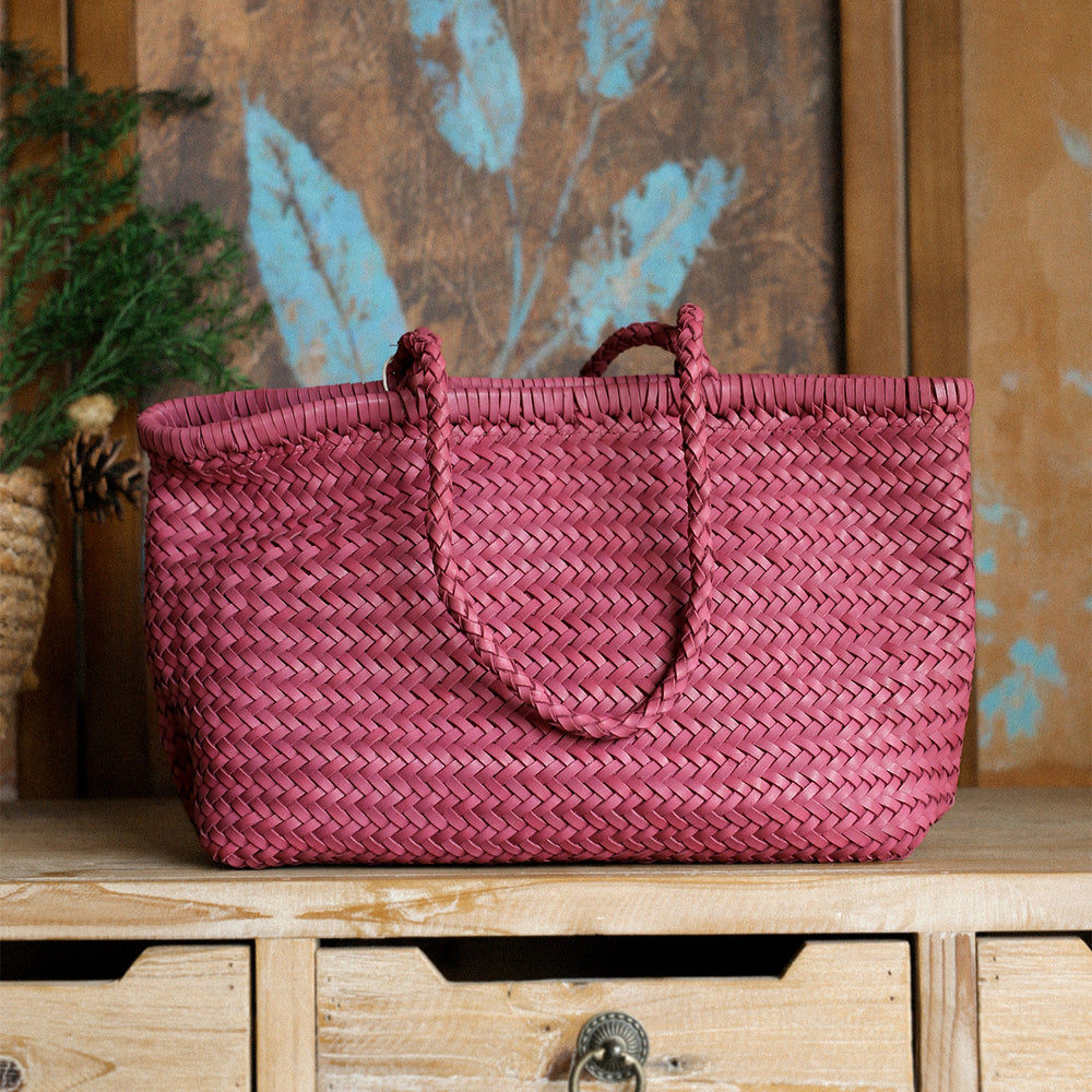 Handwoven Basket Tote Bag | Vegetable-Tanned Italian Cowhide Hand-Carry Bag | Minimalist Summer Commuter Style