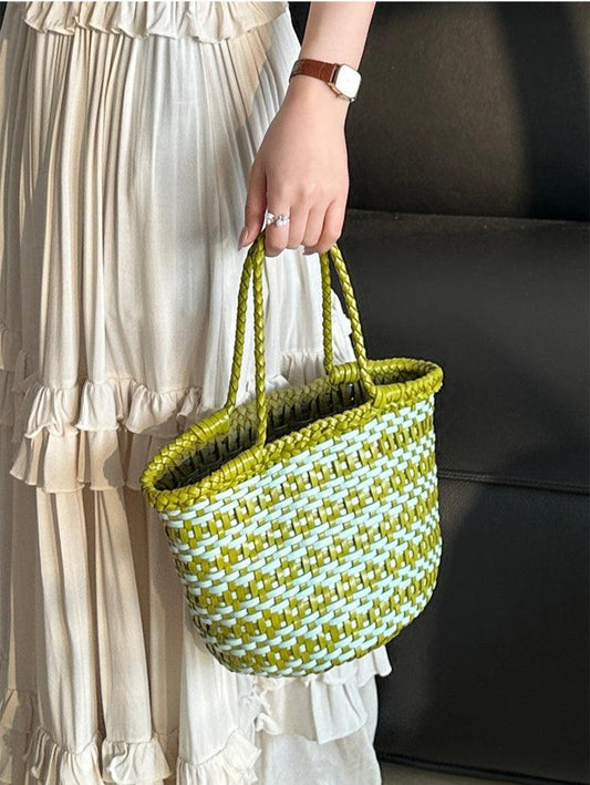 Handwoven Cowhide Leather Bucket Bag, Vintage Two-tone Woven Cowhide Handbag, French-Style Basket Bag, Handmade Shoulder Bag for Women