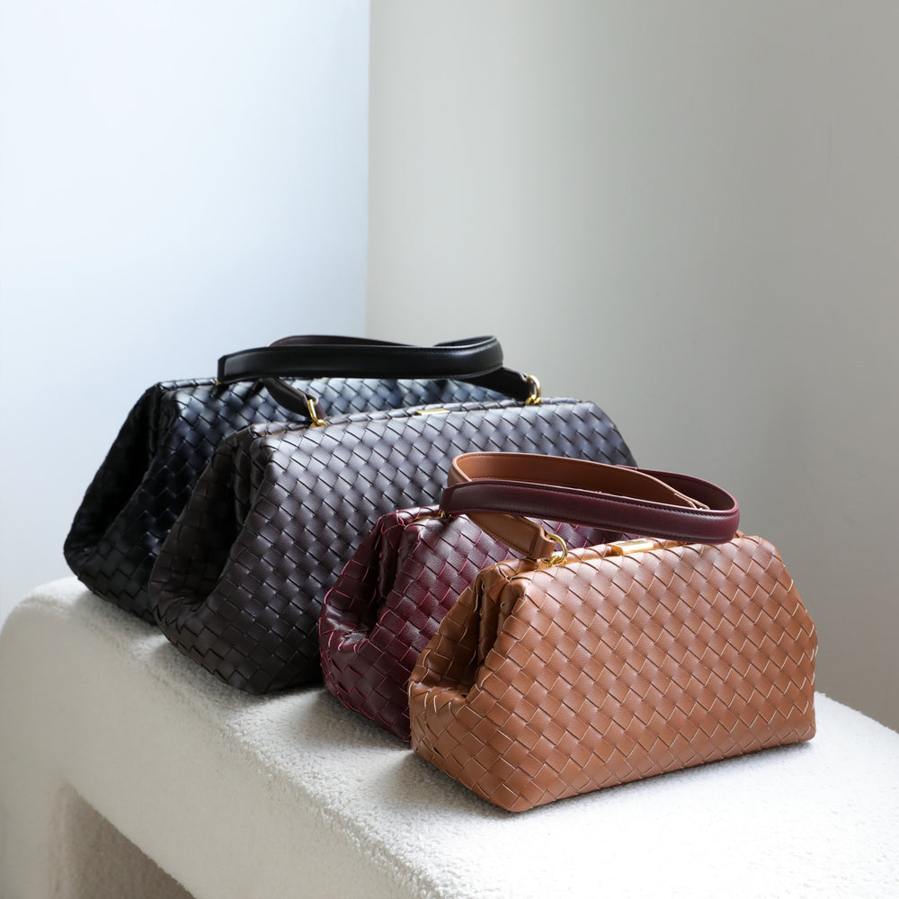 Handwoven Cowhide Leather Frame Clutch Bag | Women's Commuter Top-Handle & Shoulder Purse