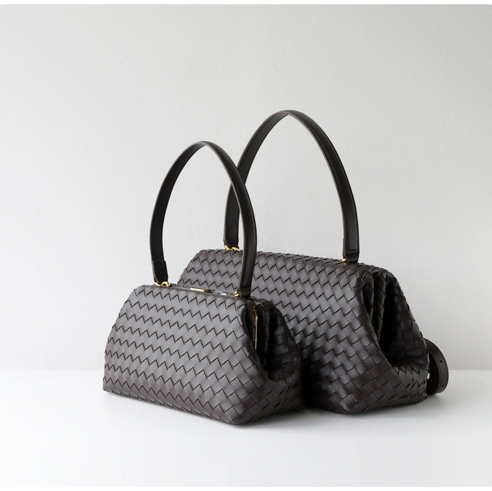 Handwoven Cowhide Leather Frame Clutch Bag | Women's Commuter Top-Handle & Shoulder Purse