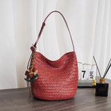 Handwoven Full-Grain Leather Bucket Bag | Stylish Shoulder Bag for Women | Leather Beach Bag