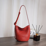 Handwoven Full-Grain Leather Bucket Bag | Stylish Shoulder Bag for Women | Leather Beach Bag