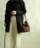 Handwoven Full-Grain Leather Bucket Bag | Stylish Shoulder Bag for Women | Leather Beach Bag