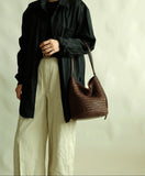 Handwoven Full Grain Leather Bucket Bag | Stylish Shoulder Bag for Women | Leather Beach Bag