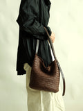 Handwoven Full-Grain Leather Bucket Bag | Stylish Shoulder Bag for Women | Leather Beach Bag