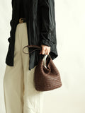 Handwoven Full-Grain Leather Bucket Bag | Stylish Shoulder Bag for Women | Leather Beach Bag